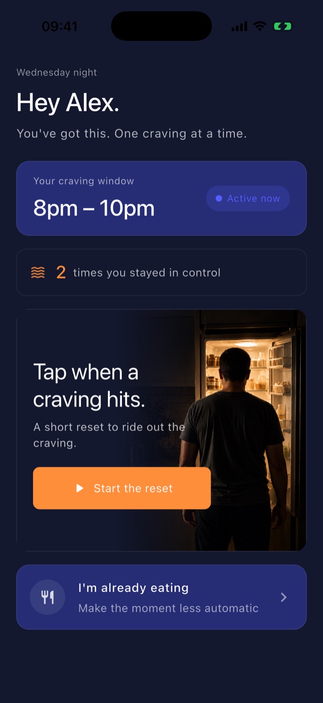 Budy home screen: Tap when a craving hits, with a Start the reset button