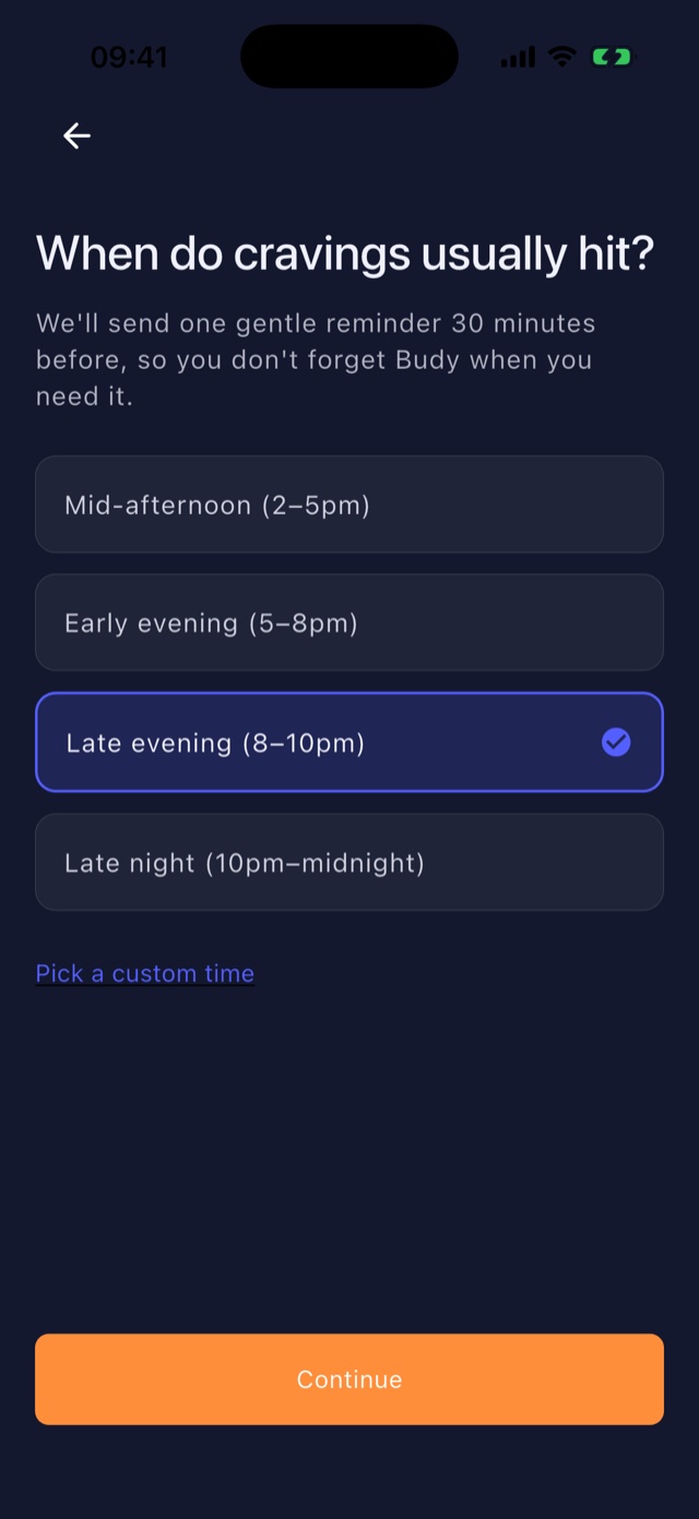 Budy setup screen asking when cravings usually hit, with Late evening selected