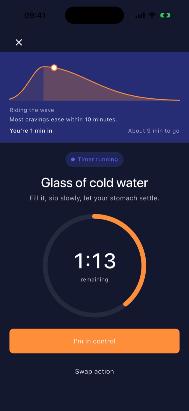 Budy timer running: Glass of cold water, 1 minute 13 seconds remaining